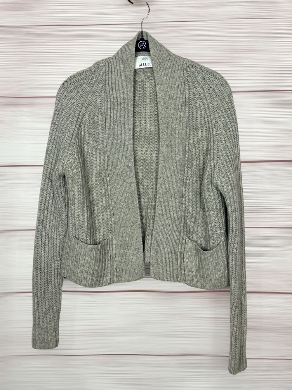 ALLUDE Cashmere Gray Short Cardigan Boxy Style Ribbed Knit Open Front  Size XS